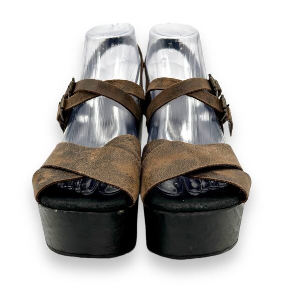 Freebird By Steven Ali Brown Leather Block Heel Platform Sandals EU 39 US 8.5 9 - Picture 2 of 10